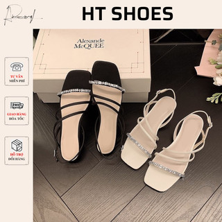 (Sẵn)Sandal đế bằng quai mảnh C mẫu mới mùa hè 2023 phong cách cổ điển quai đính đá sang chảnh hàng FULLBOX G13