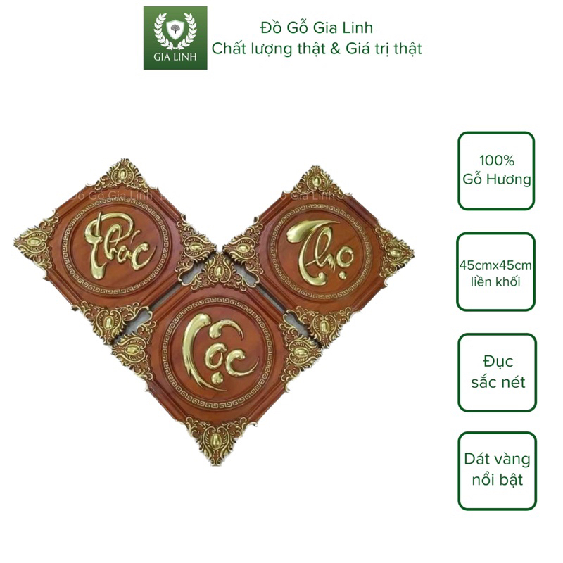 Bộ tranh Phúc lộc thọ Đồ Gỗ Gia Linh gỗ Hương đỏ liền khối KT 45cm x 45cm