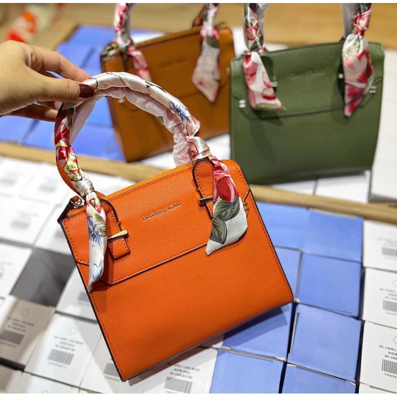 -Túi xách tay mini  CnK top handle bag--tone cam xanh phối khăn tay cầm