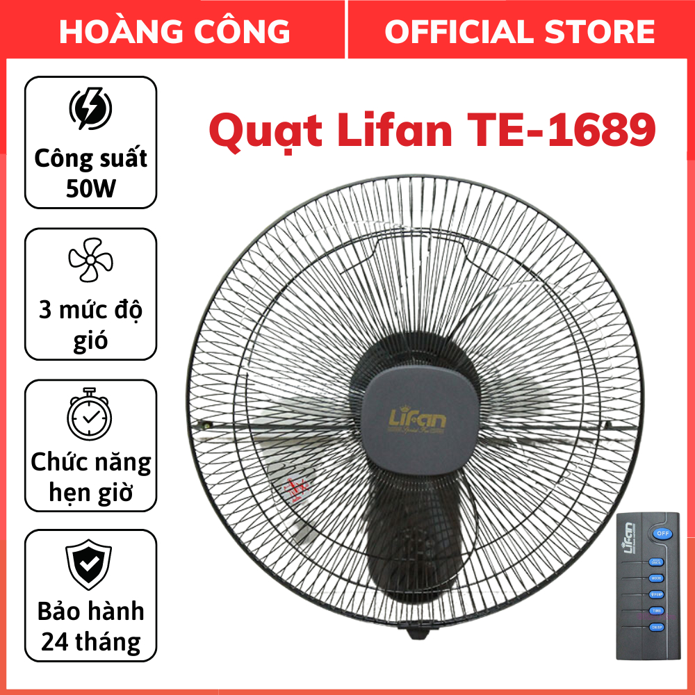 Quạt treo tường Lifan TE-1689 có điều khiển, Công suất 50W, Chức năng hẹn giờ tắt thông minh, Sải cách 40cm, BH 24 tháng