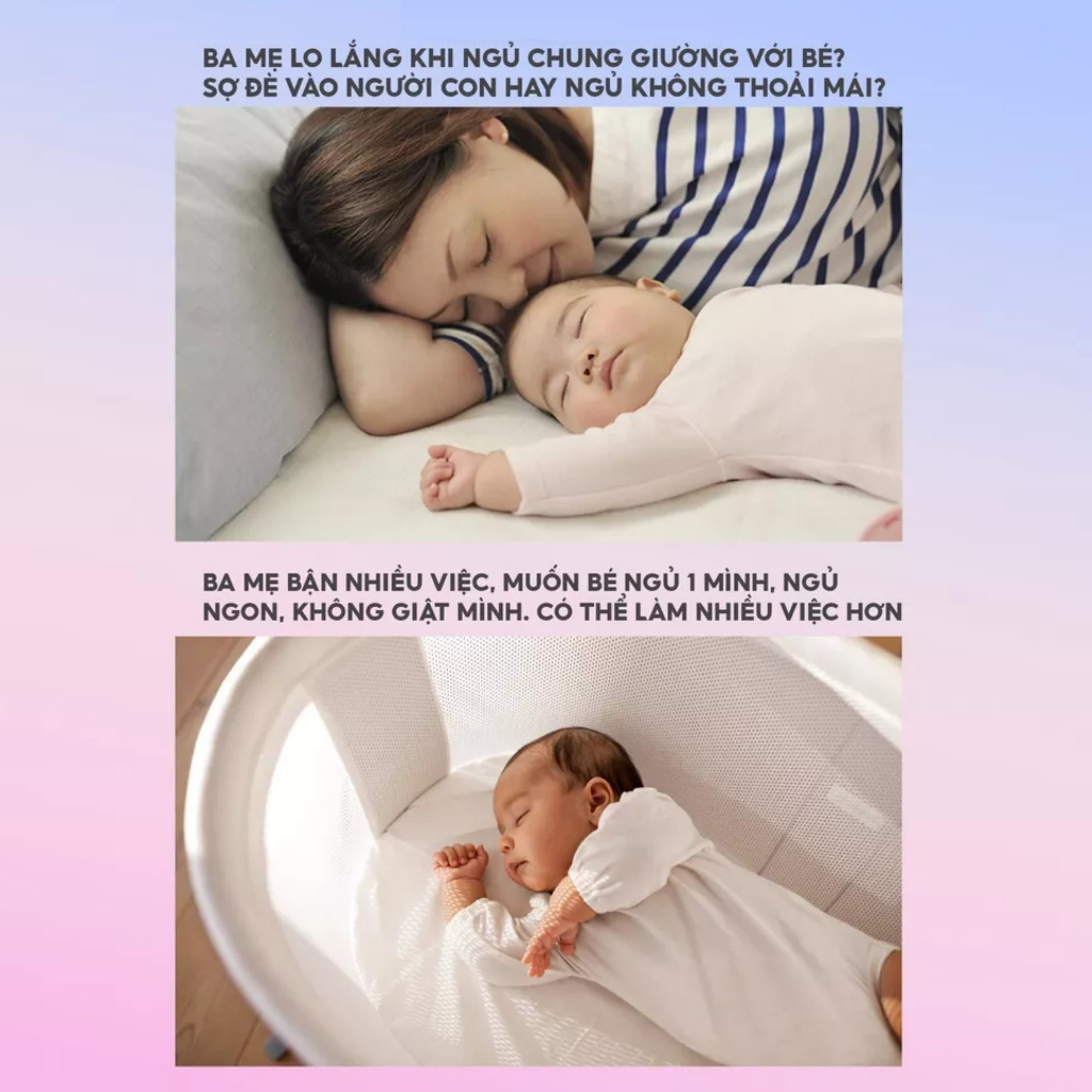 Nôi vải cho bé, nôi ngủ chung giường cho bé, nôi sơ sinh VMOM vải Cotton Hàn thoáng mát, đệm ngủ cho bé