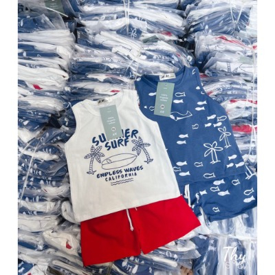 Sét 2 bộ summer- in cây dừa áo sát nách quần short chất cotton mềm cho bé trai