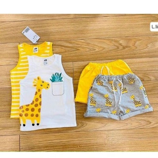 Sét 2 bộ sát nách hươu - kẻ vàng áo sát nách quần short chất cotton cho bé trai