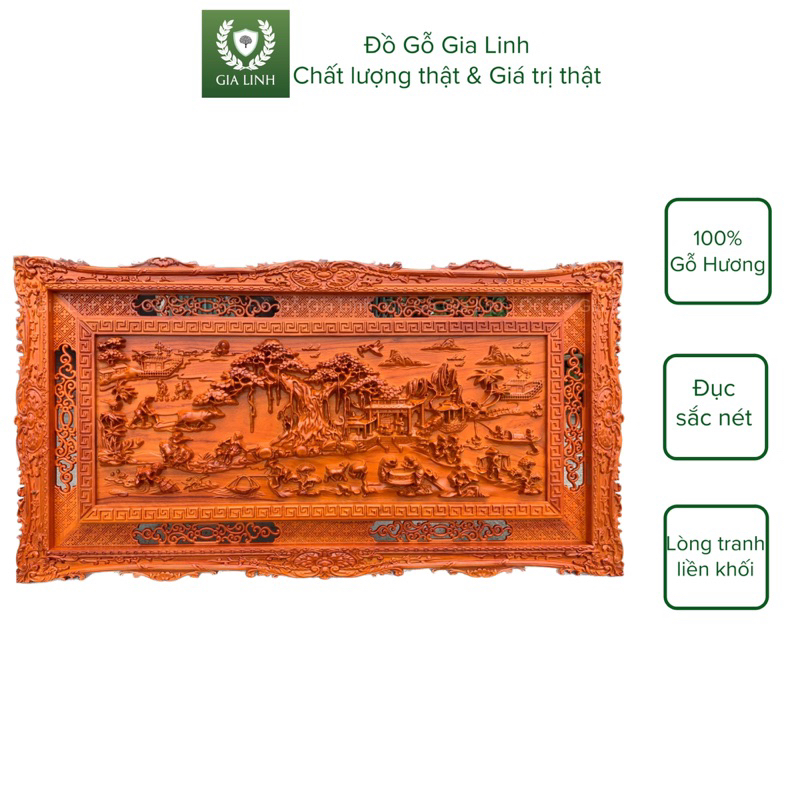 Tranh gỗ Đồng quê Đồ Gỗ Gia Linh gỗ Hương đỏ chạm khung KT 127cm x 67cm x 4cm