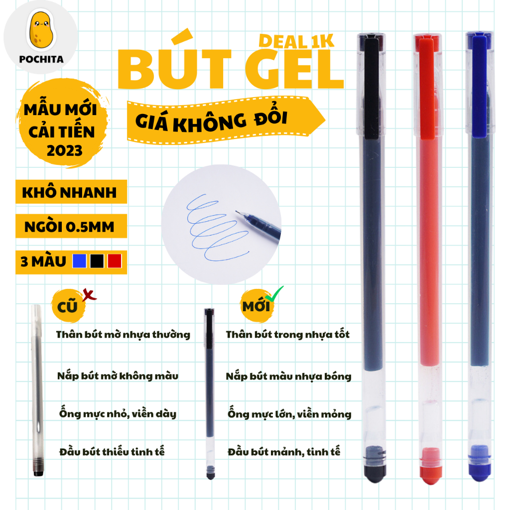 Bút Gel Ngòi 0.5mm Văn Phòng Phẩm PATO Màu Đen Đỏ Xanh B65