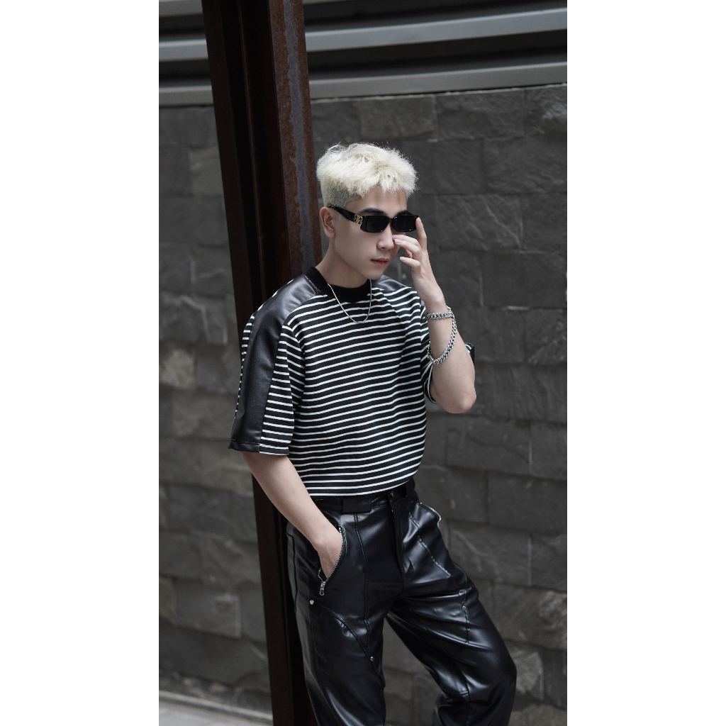 Áo thun Nam tay lỡ LEATHER LINE, Áo phông Unisex nam nữ mix da fom unisex - Local Brand Steve