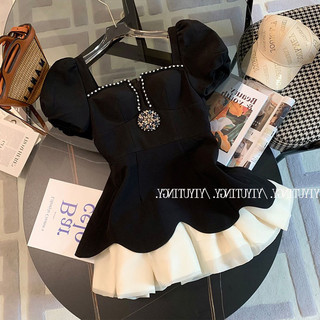 N155 Váy liền mix màu đen be dáng xoè cổ vuông tay áo bồng tiểu thư ulzzang siu xinh