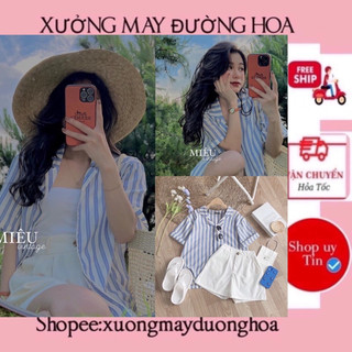 Set Áo sơ mi kẻ sọc xanh mix quần short trắng