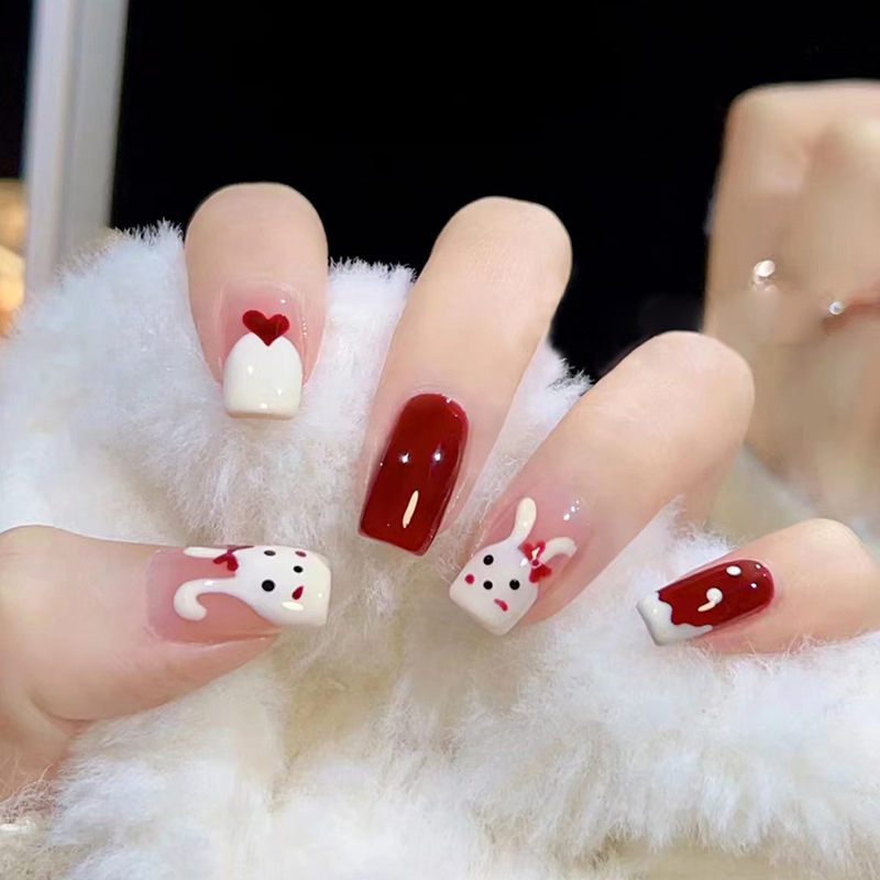 Bộ 24 móng tay giả hình con thỏ dễ thương, Mẫu nail ngắn vuông đơn giản, Nailbox, Nail xinh