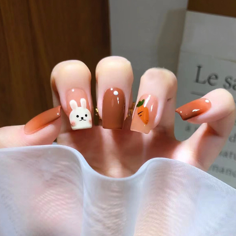 Bộ 24 móng tay giả hình con thỏ dễ thương, Mẫu nail ngắn vuông đơn giản, Nailbox, Nail xinh