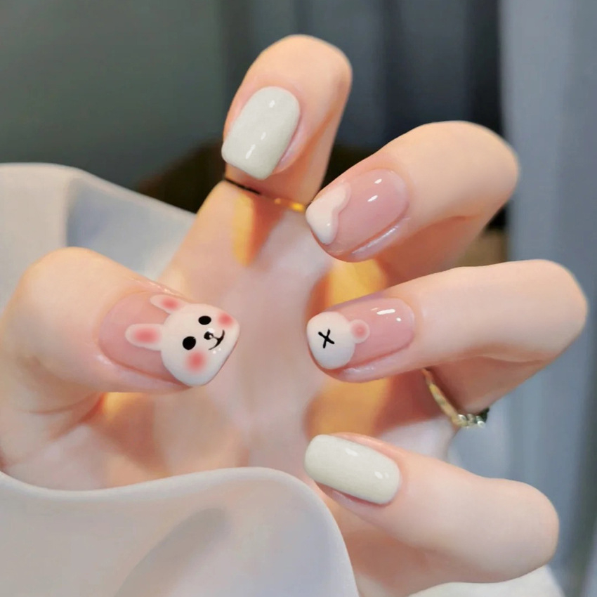 Bộ 24 móng tay giả hình con thỏ dễ thương, Mẫu nail ngắn vuông đơn giản, Nailbox, Nail xinh