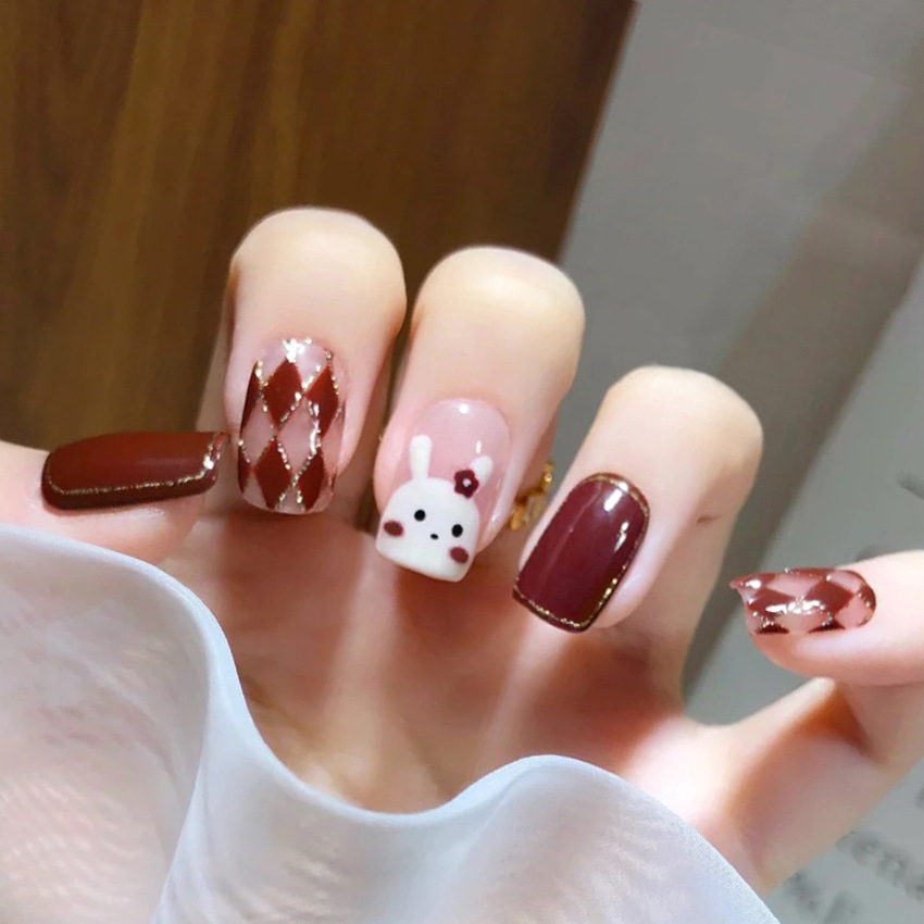 Bộ 24 móng tay giả hình con thỏ dễ thương, Mẫu nail ngắn vuông đơn giản, Nailbox, Nail xinh