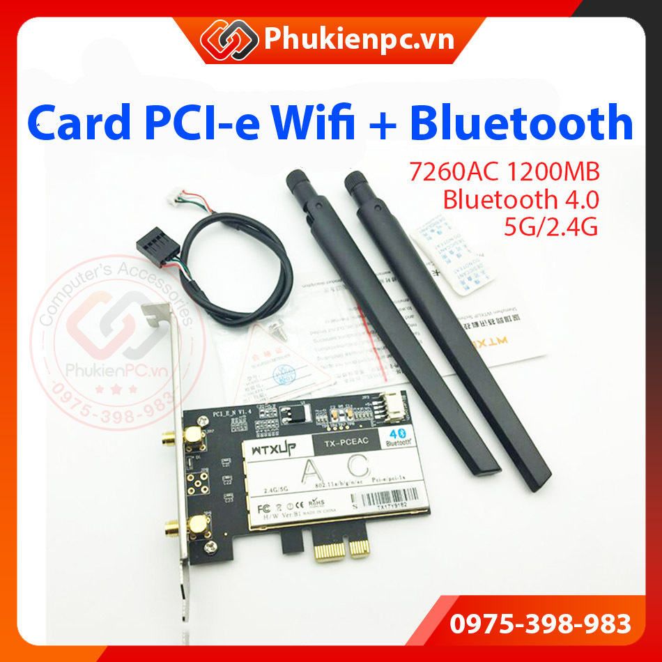 Card PCI-E thu Wifi, Bluetooth 4.0 5G 2.4G Dual Band AC7260. Sử dụng thu wifi internet cho máy tính PC, máy tính đồng bộ