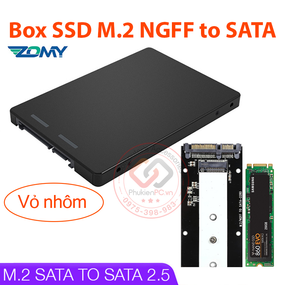Box M2.SATA NGFF sang SATA III 2.5 vỏ nhôm. Dùng cho SSD M.2 NGFF chuẩn SATA kích 2230 2242 2260 2280 máy tính PC Laptop