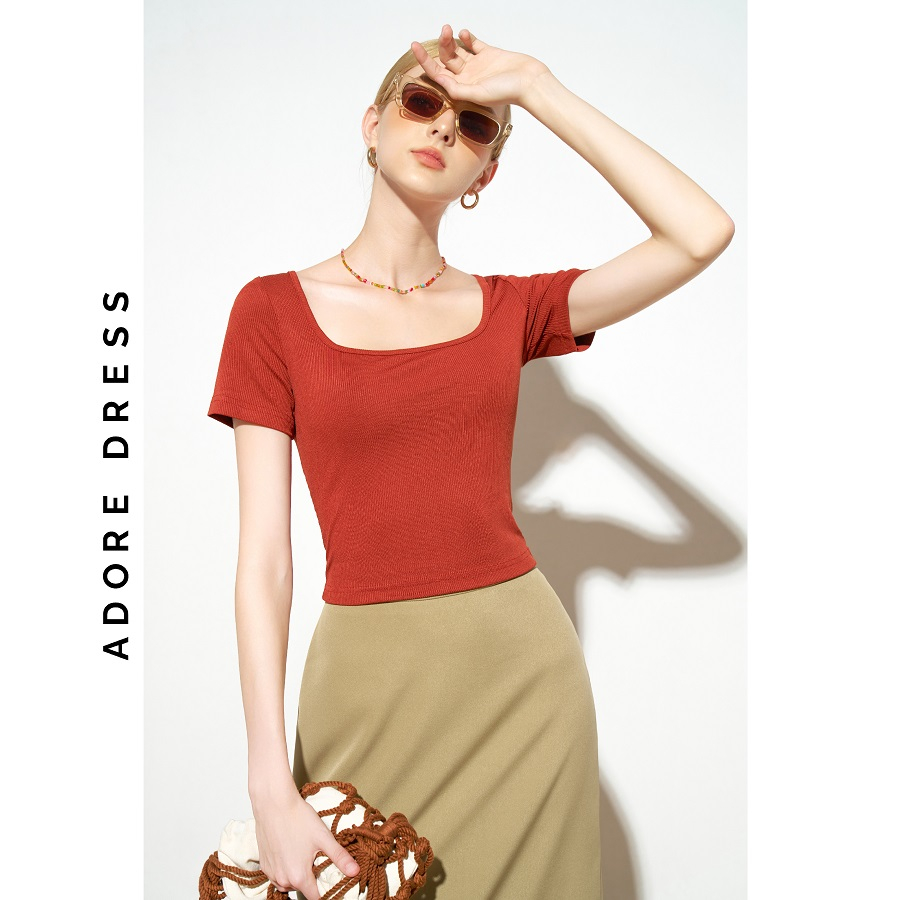 Ao thun Cropped T-shirts thun tăm trơn đen cổ U 313TS3008 ADORE DRESS