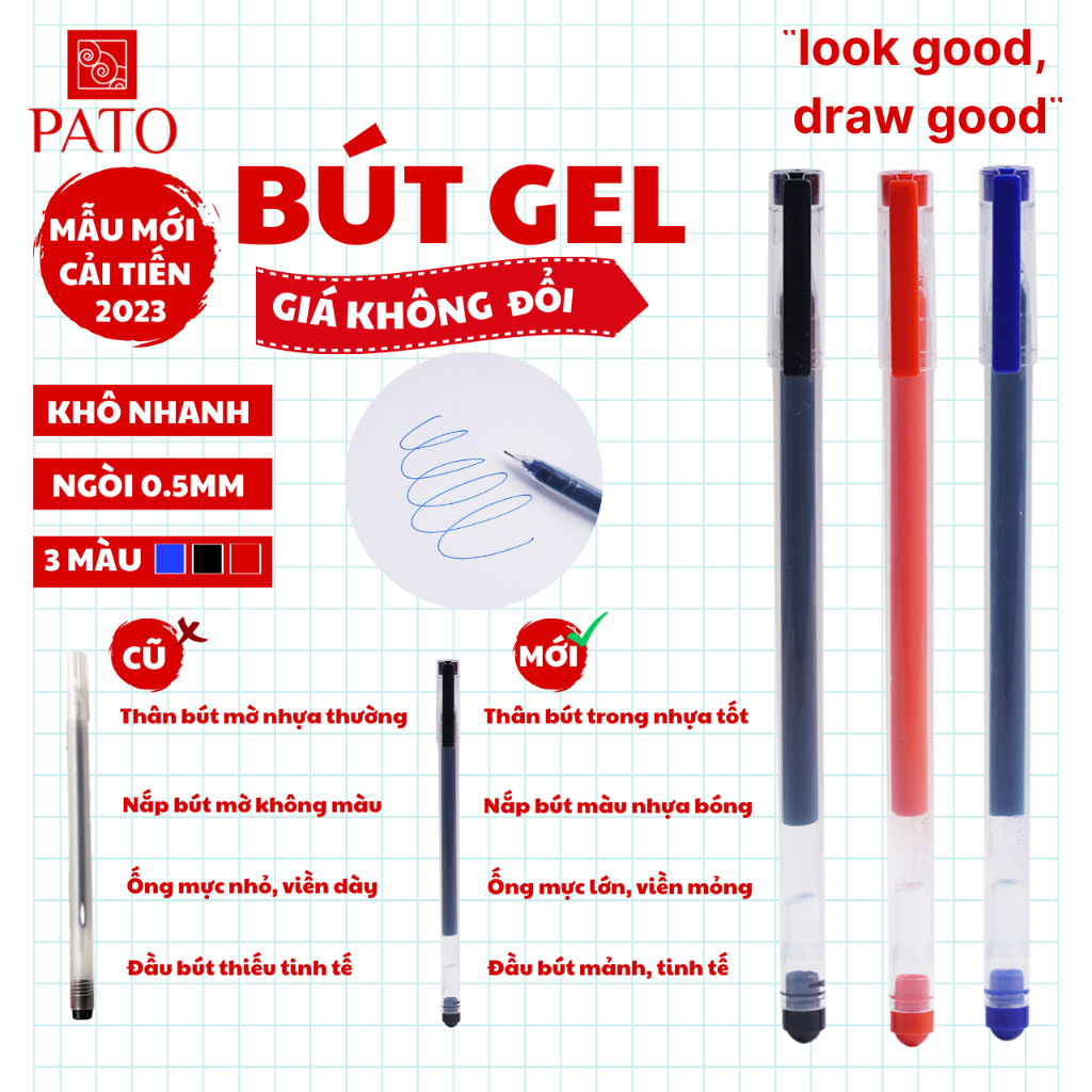 Bút Gel Ngòi 0.5mm Văn Phòng Phẩm PATO Màu Đen Đỏ Xanh B65