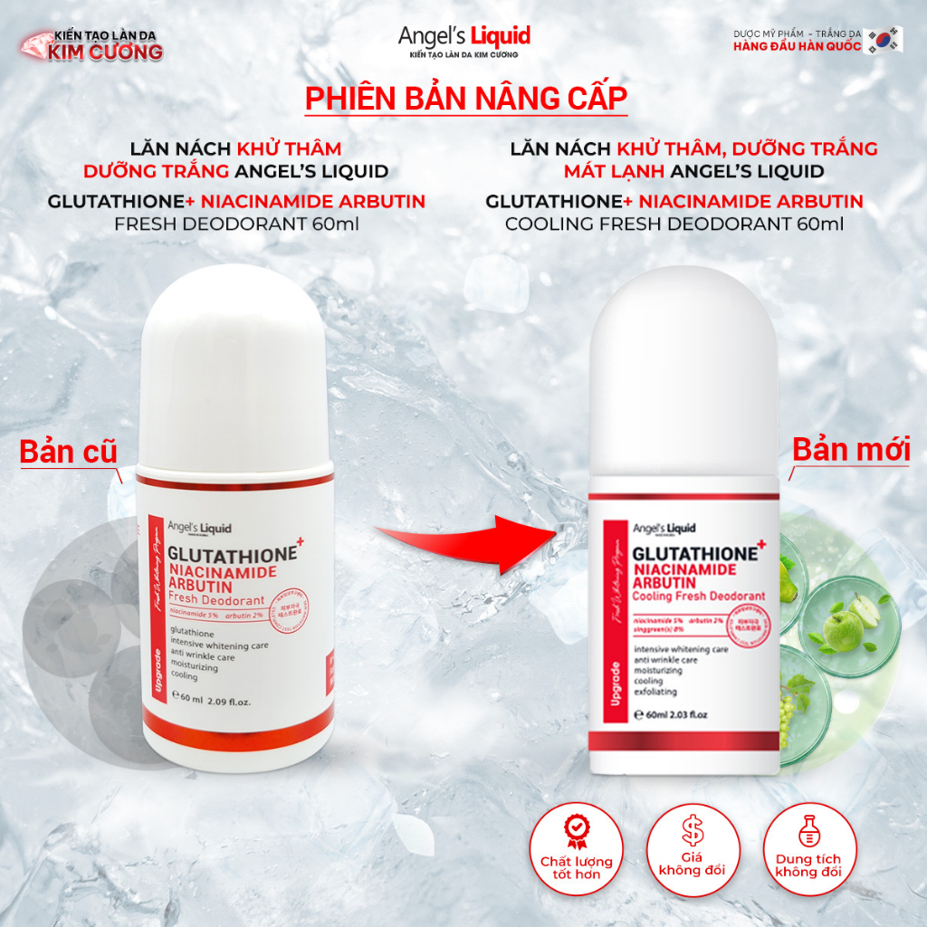 [PHIÊN BẢN 2023] Lăn Khử Mùi Mát Lạnh Angel's Liquid Glutathione Plus Niacinamide Arbutin Cooling Fresh Deodorant (60ML)