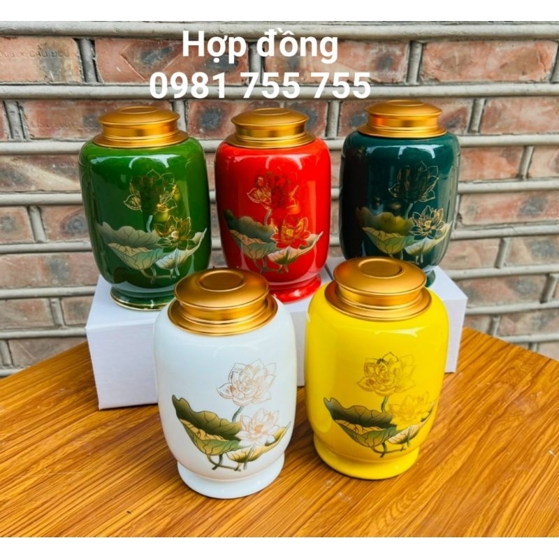 Hũ Đựng chè Vẽ Vàng Hoa Sen_Lọ đừng Trà Gốm Sứ Bát Tràng Cao Cấp