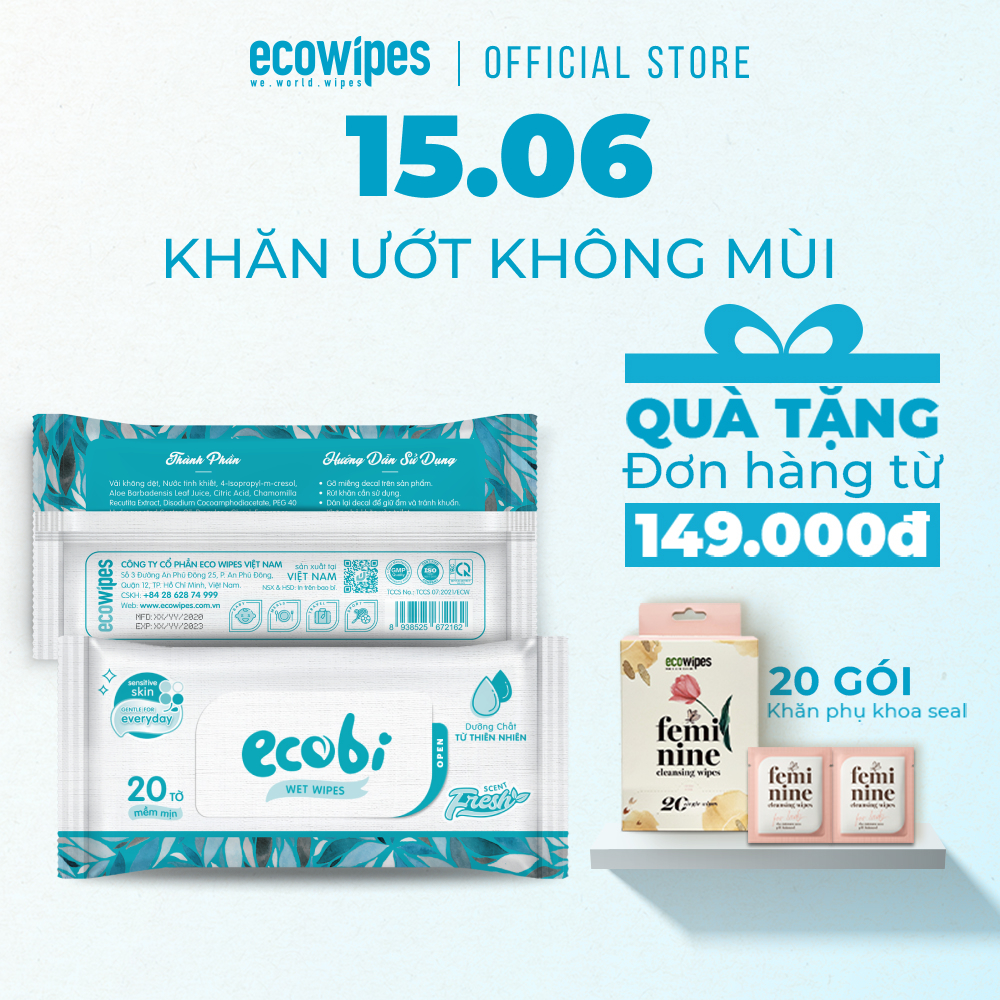 Khăn giấy ướt cho bé Ecobi gói 20 tờ không mùi không cồn không paraben an toàn cho làn da nhạy cảm của bé