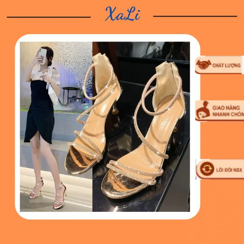 Giày Nữ XALI Cao Gót Đính Đá Lấp Lánh Pha Lê Dây Cao, Sandal Bít Gót Mũi Tròn Đi Tiệc Gót Nhọn Cao 9cm - CGDD9p2