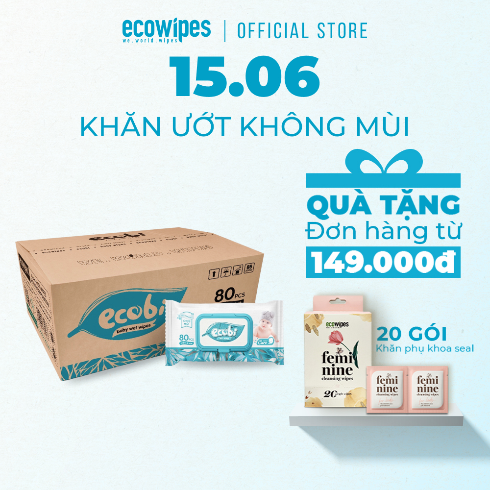 Thùng 24 gói khăn giấy ướt cho bé Ecobi gói 80 tờ không mùi không cồn không paraben an toàn cho da của bé