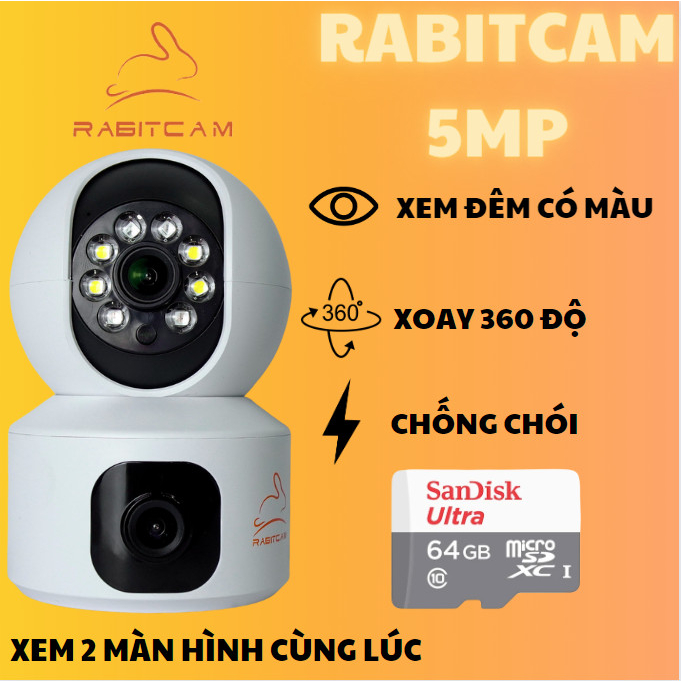 Camera IP RABITCAM trong nhà 2 MẮT XEM 2 MÀN HÌNH cùng lúc 5.0MPX xoay