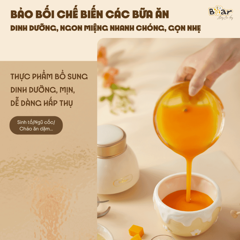 Máy xay ăn dặm cho bé 0.6L Bear QSJ-D02Q1, 200W,  đa năng xay sinh tố thịt rau củ quả chống ồn, Hàng Chính Hãng, BH 18T