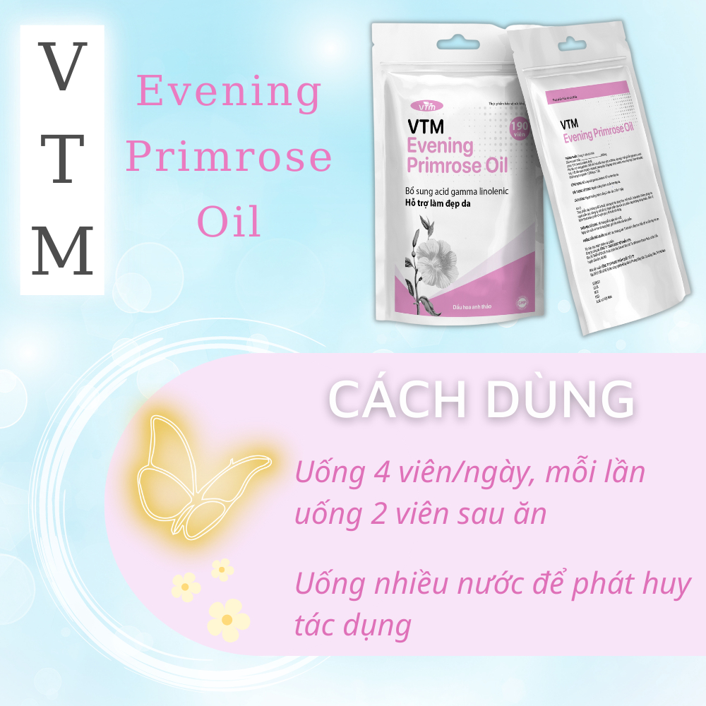 Viên uống tinh dầu hoa anh thảo VTM Evening Primrose Oil, hỗ trợ cân bằng nội tiết tố, làm đẹp da, tóc, móng - gói 45v