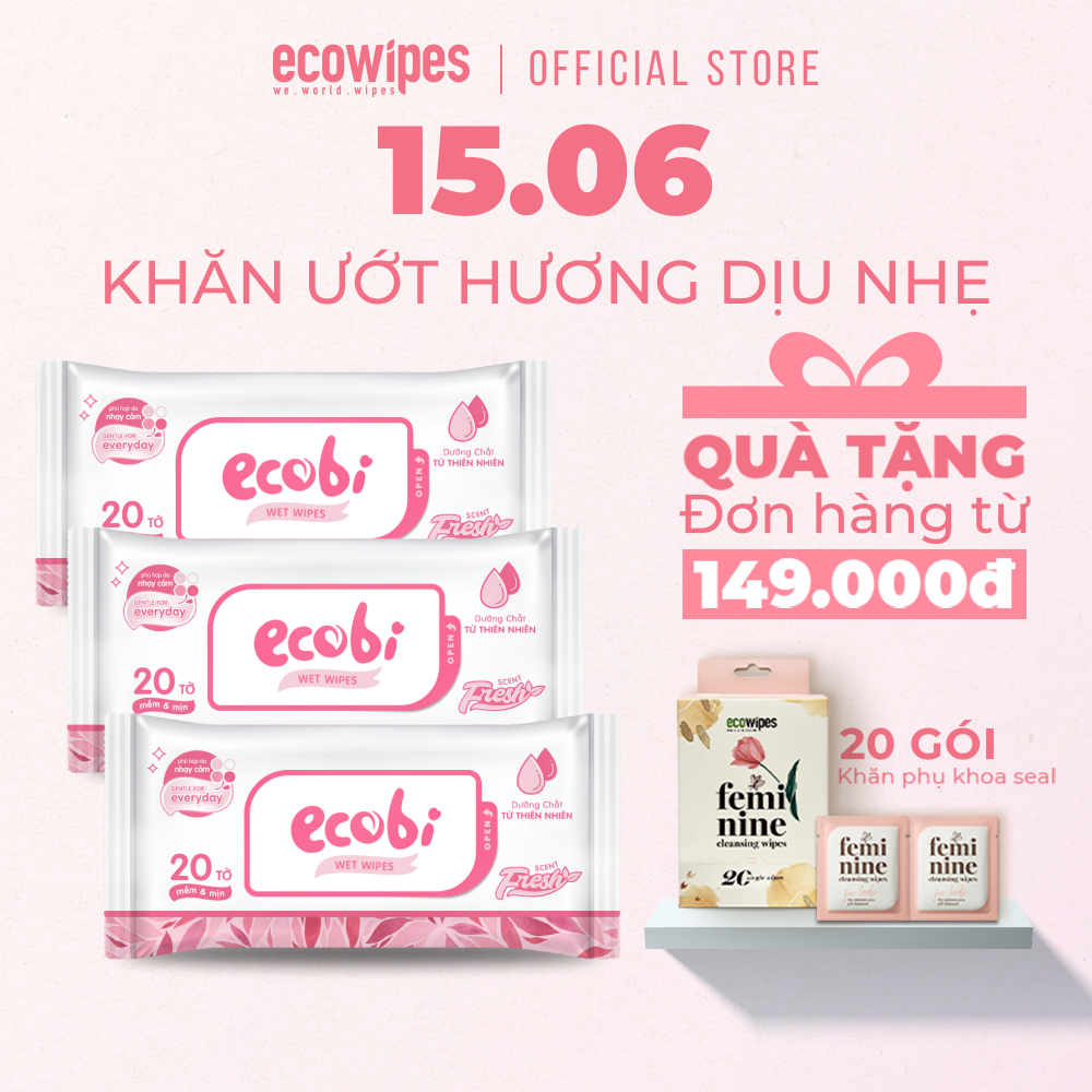 Combo 03 gói khăn ướt Ecobi gói 20 tờ Hương Dịu Nhẹ không paraben an toàn cho da của bé