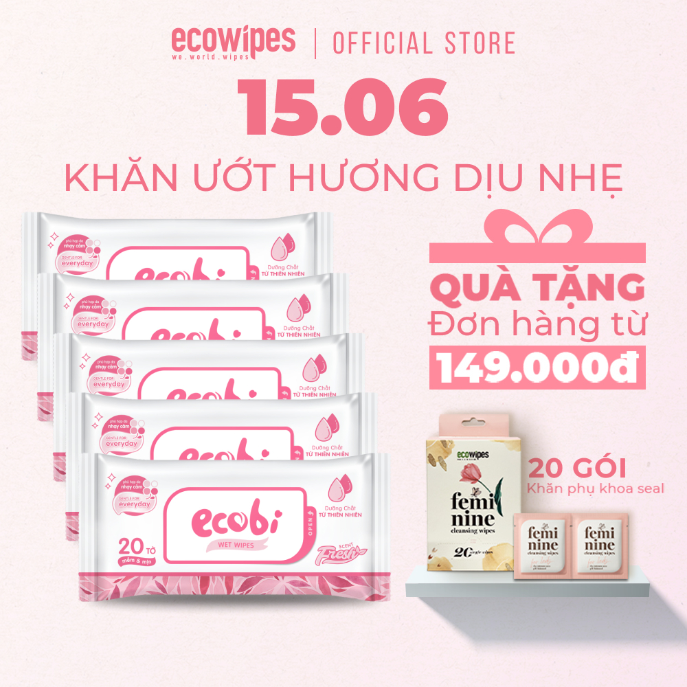 Combo 05 gói khăn giấy ướt Ecobi gói 20 tờ Hương Dịu Nhẹ không cồn không paraben an toàn cho da của bé