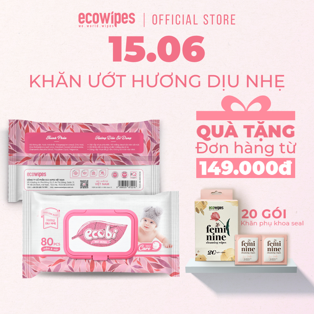 Khăn giấy ướt cho bé Ecobi gói 80 tờ Hương Dịu Nhẹ không paraben an toàn cho làn da nhạy cảm của bé