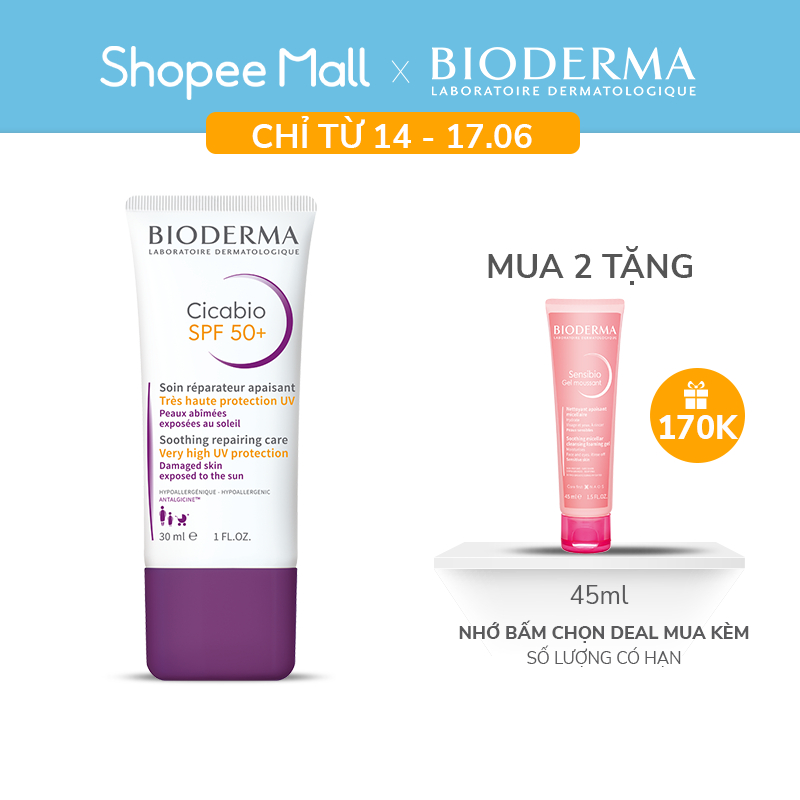 Kem dưỡng da và chống nắng,chỉ số chống nắng cao giúp phục hồi,làm dịu cho làn da bị hư tổn Bioderma Cicabio Spf 50+30ml