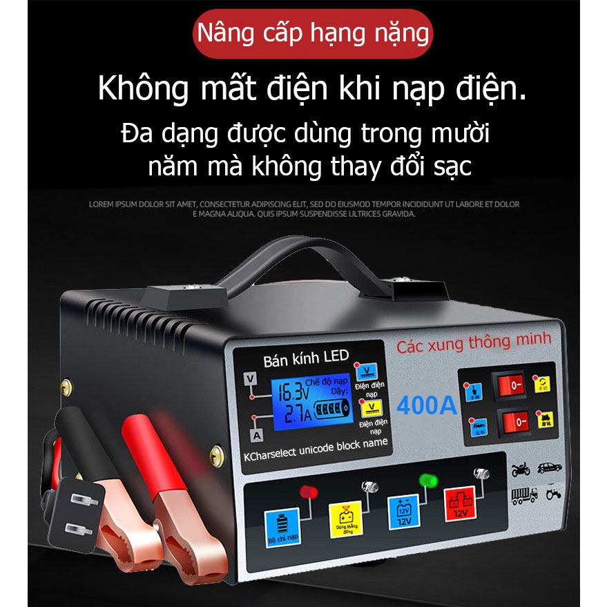 Sạc bình acquy 12v 24v 400AH thông minh tự ngắt khi đầy，sạc acquy xe máy, xe ô tô, có đèn led báo đầy