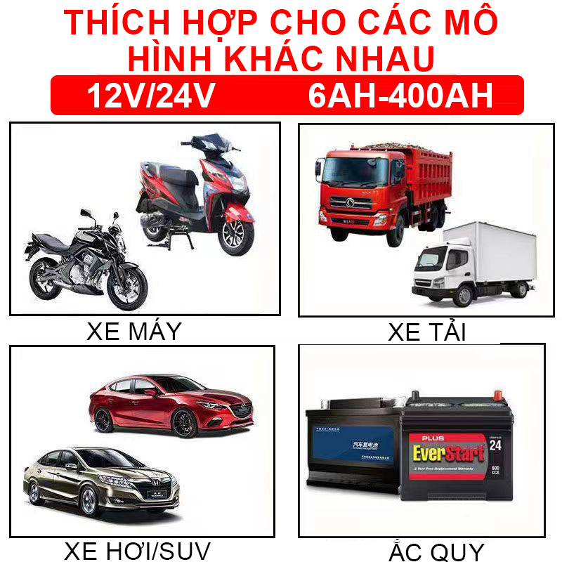 Sạc bình acquy 12v 24v 400AH thông minh tự ngắt khi đầy，sạc acquy xe máy, xe ô tô, có đèn led báo đầy