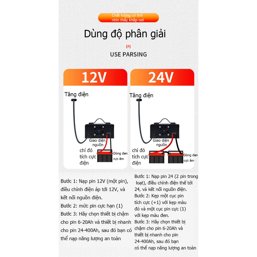 Sạc bình acquy 12v 24v 400AH thông minh tự ngắt khi đầy，sạc acquy xe máy, xe ô tô, có đèn led báo đầy