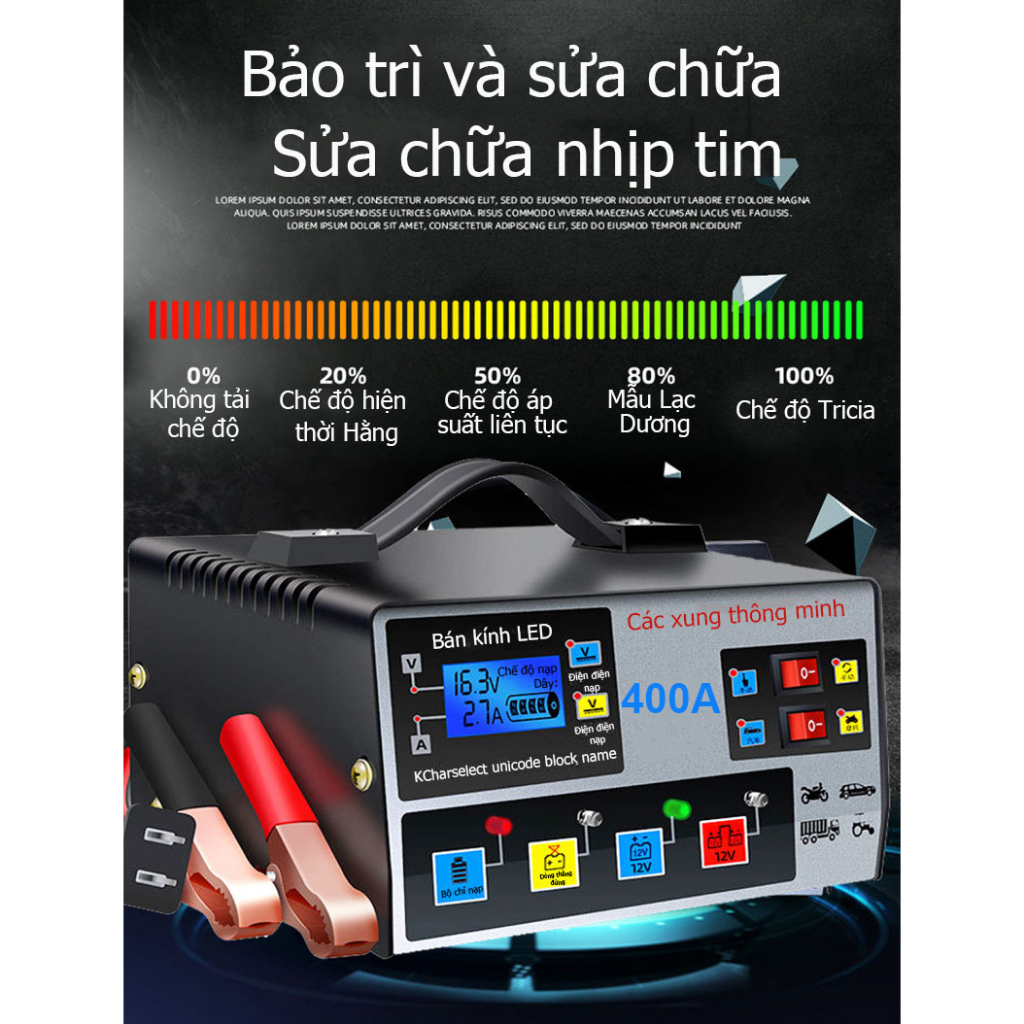 Sạc bình acquy 12v 24v 400AH thông minh tự ngắt khi đầy，sạc acquy xe máy, xe ô tô, có đèn led báo đầy