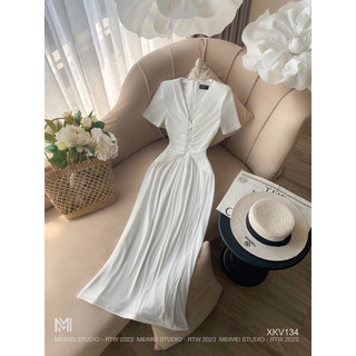 Đầm thun khuy ngực Pastel, váy body dáng dài tay cộc cổ V, phong cách đơn giản mặc đi chơi | XKV134 | MeiMei Studio
