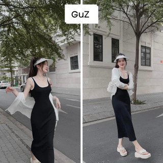 Đầm nữ dáng dài ôm body thiết kế hai dây viền trắng siêu tôn dáng chất vải co dãn style sexy Hàn Quốc