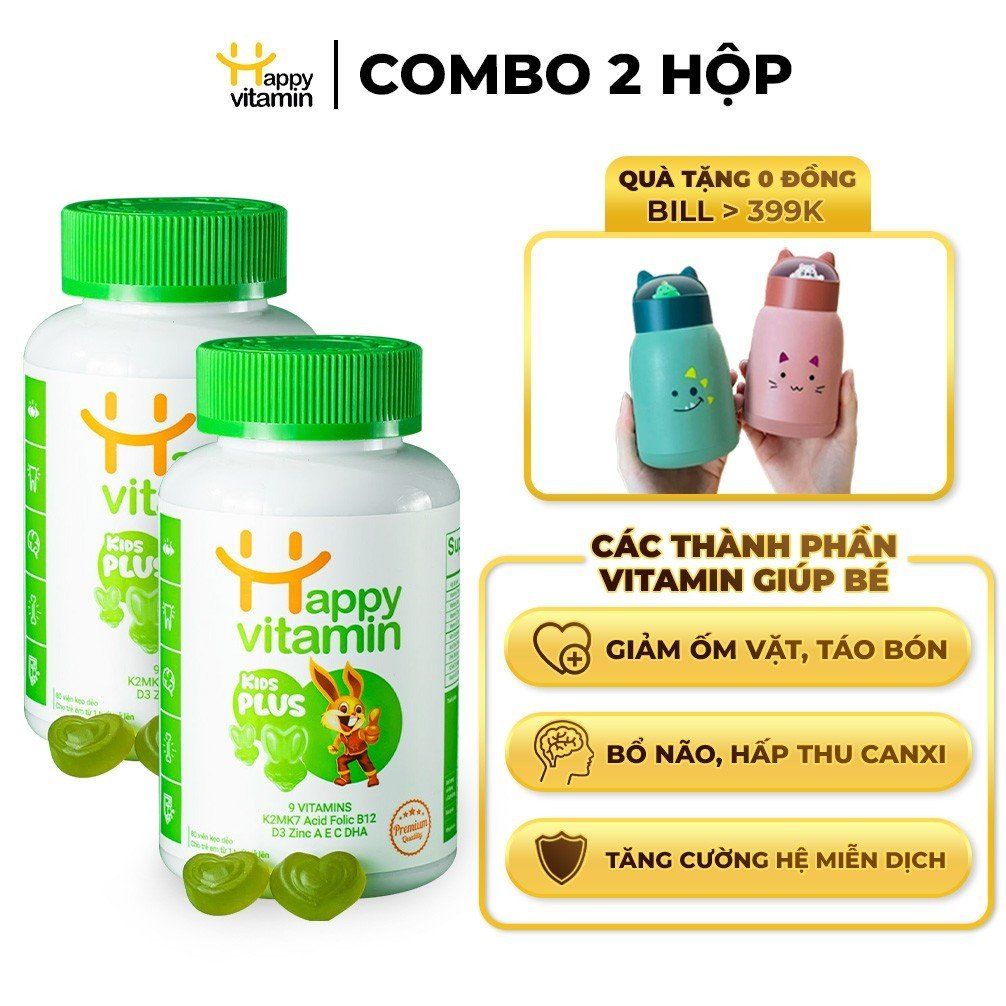 Combo 2 Kẹo dẻo vitamin tổng hợp Happy Vitamin Kids Plus nâng cao hệ miễn dịch cho trẻ, tăng đề kháng, bé ăn ngon