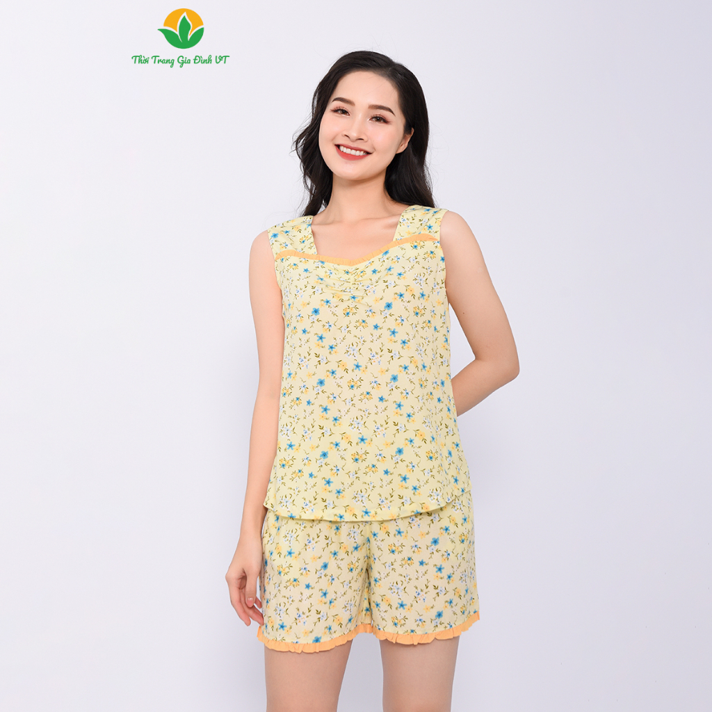 Bộ quần áo  nhà nữ mùa hè Việt Thắng, quần đùi, áo sát nách chất Lanh  B02.2302