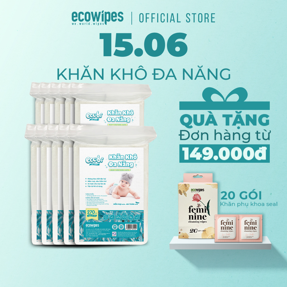 Combo 10 gói khăn khô đa năng cho bé Ecobi túi 270 tờ dùng thay khăn sữa an toàn cho trẻ sơ sinh