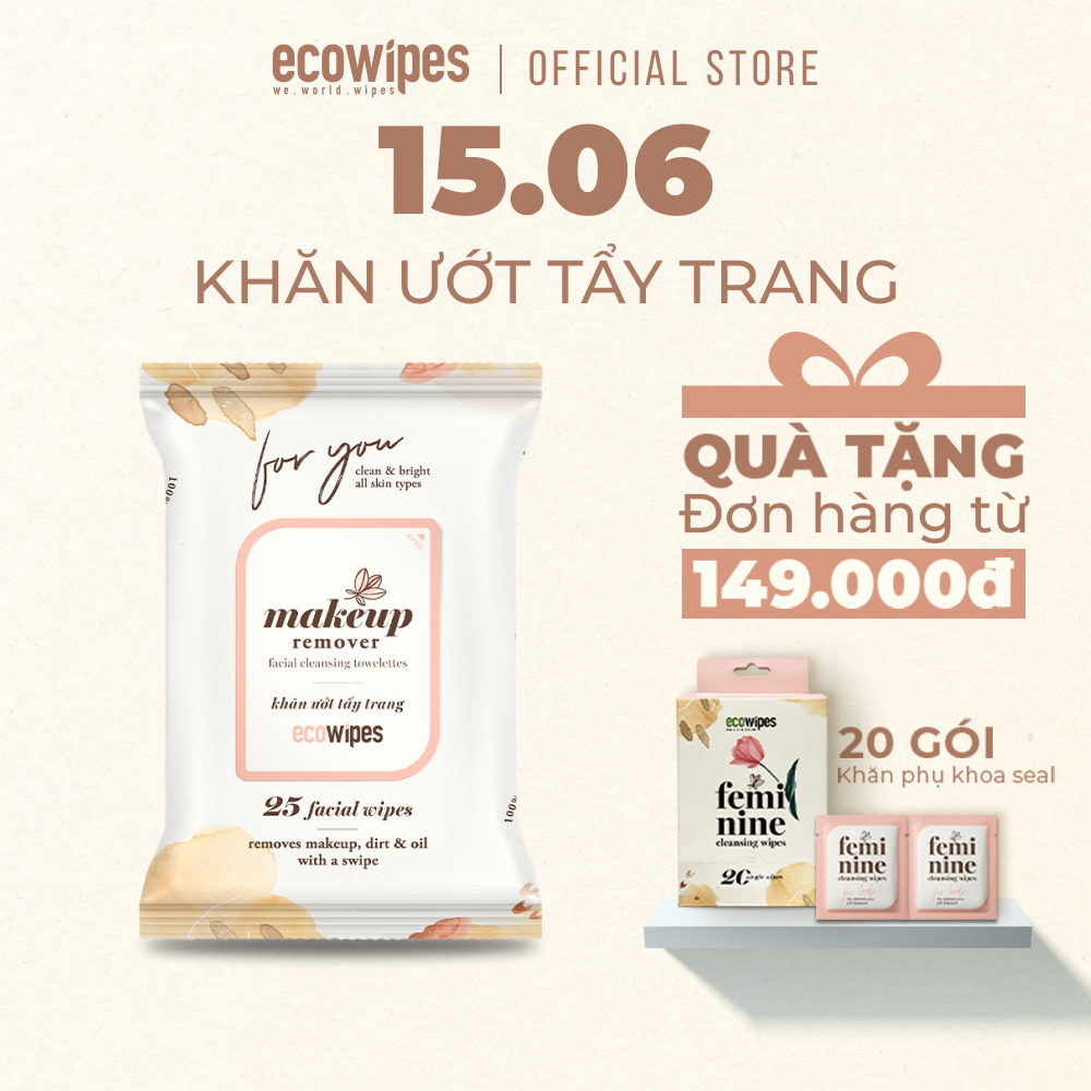 Khăn giấy ướt tẩy trang Makeup Remover Ecowipes gói 25 tờ làm sạch lớp trang điểm nhanh chóng