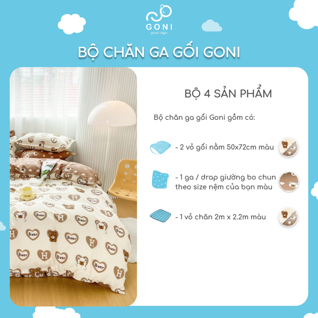 Bộ Chăn Ga Gối Cotton Tici GONI Drap Giường Hoạ Tiết Gấu Nâu Dễ Thương Đủ Kích Thước Trải Nệm Không Kèm Ruột