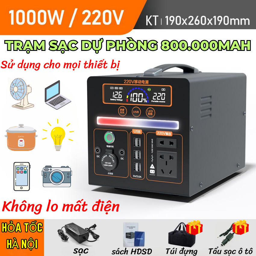 Trạm sạc dự phòng đa năng di động tiện dụng khi không có điện đi du lịch dã ngoại thể thao 1000W - 500.000mAh