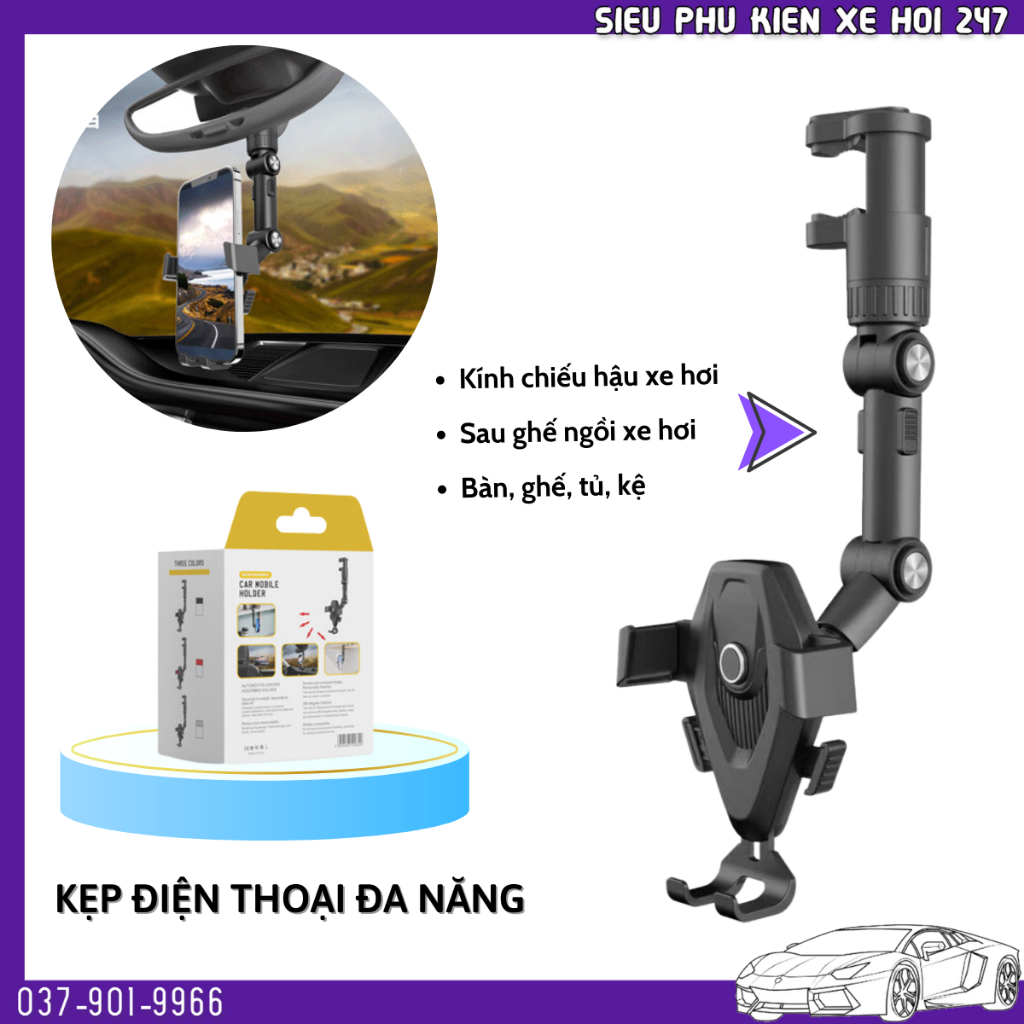 Giá đỡ điện thoại kẹp gương kính chiếu hậu xe ô tô xoay 360 độ chắc chắn, mẫu mới nhất