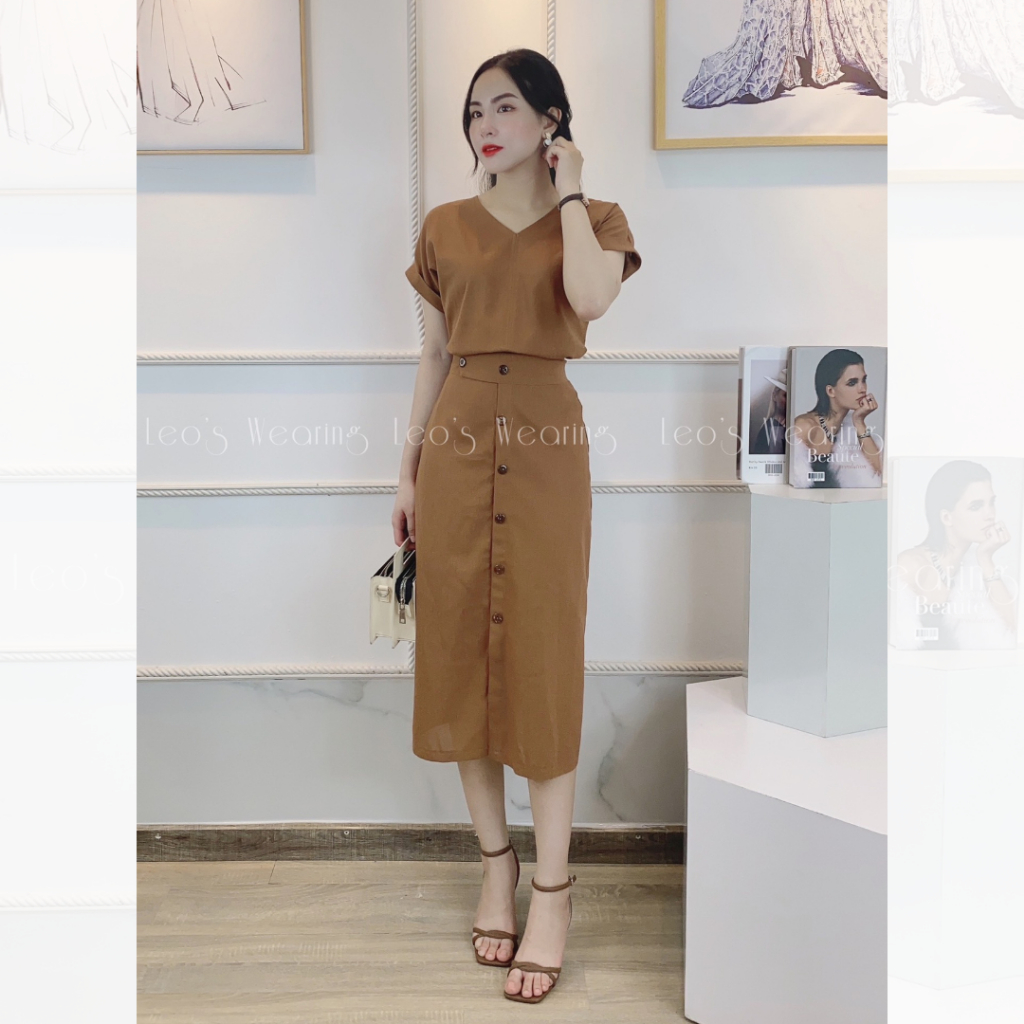 Set váy linen công sở LEOSWEARING áo cổ V mix chân váy midi nút dọc màu nâu tây A352