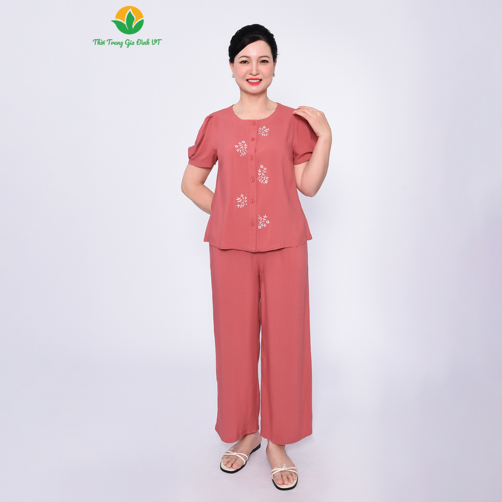 Bộ quần mặc nhà trung niên mùa hè thời trang  Việt Thắng, quần dài, áo cộc tay chất Lanh thoáng mát B28.2303