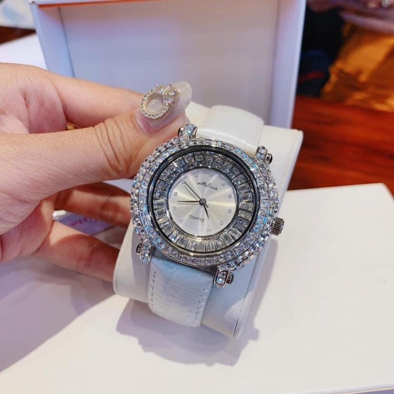 Đồng hồ nữ Melissa F11022 Silver, Dây dây da, Authentic, fullbox, Luxury diamond watch