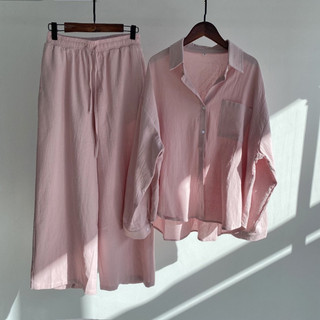 Set bộ Linen Quần dài ống suông mix áo sơ mi tay dài
