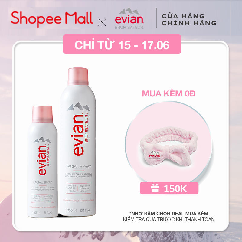 Combo 2 xịt khoáng cấp ẩm và làm dịu da evian® Facial Spray 300ml + 150ml